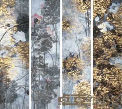林天行 2005年作 荷塘夕照 四屏 178×48cm×4
